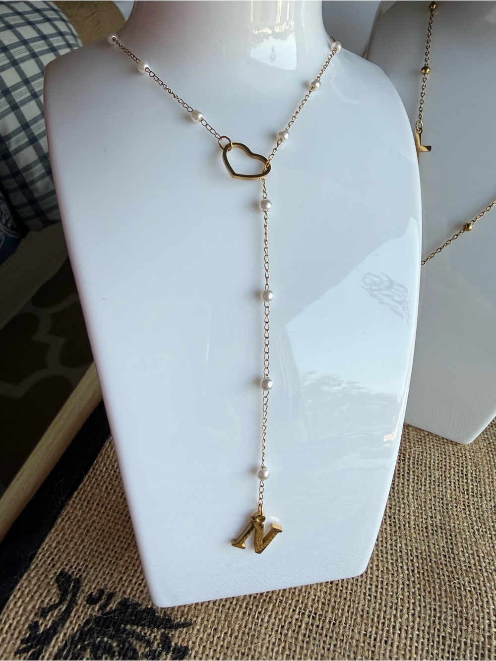 Gold Heart Lariat Necklace with Pearl Accents and 'N' Initial - Women's Jewelry